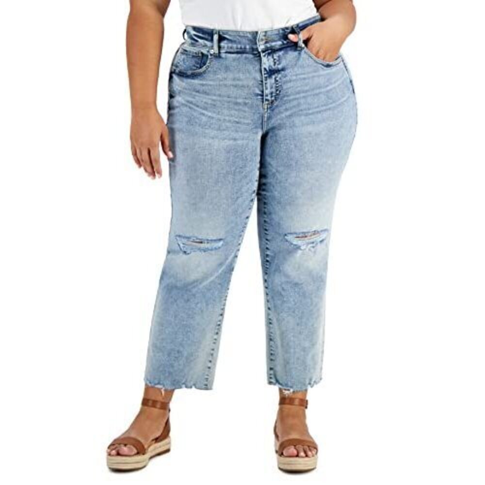 Plus Size Ripped Straight Leg Jeans Light Indigo 16W